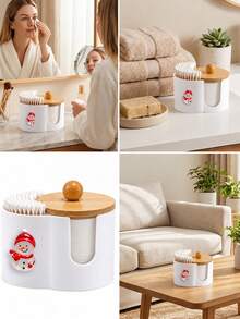 Extra Large New Christmas Snowman Shaped Bamboo Lid Plastic Storage Box (2-In-1), With Dual Round Hole Design Desktop Cosmetic Organizer, Suitable For Storing Makeup Brushes And Beauty Tools, Ideal Cosmetic Organizer, Vanity Accessory And Gift For Women - Multicolor - View 6