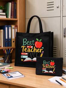 Teacher Theme Black Linen Tote Bag Set, Includes Large Tote Bag + Small Coin Purse, Printed With Best Teacher Ever Apple Design, Large Capacity Durable Canvas Material, Perfect Gift For Teacher's Day, Suitable For Students To Purchase And Give To Teachers, Daily Commute, Lesson Planning, Book And Stationery Storage - Multicolor - View 13