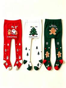3 Pasang Celana Ketat Bayi Ukuran Besar Motif Kartun Liburan Natal, Legging Bayi Model Stirrup - MultiWarna - View 3