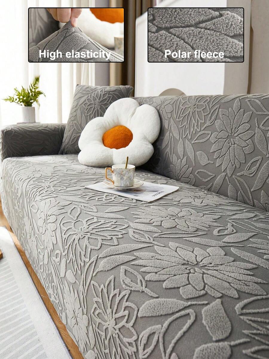 1pc Floral 3d Design Sofa Cover, Simple & Sweet Style Stretch Velvet Elastic Soft Sofa Cover, All-in-one Style Package Including Seat Cushion, Backrest And Armrest, Suitable For All Kinds Of Sofas, Four Seasons Available - Dark Grey - View 1