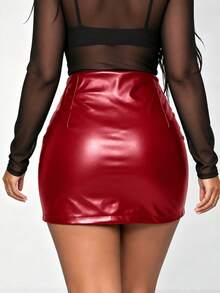 Women's Sexy Leather Pocket Mini Skirt With Zipper, High Waist Pencil Skirt For Autumn, Office Work, Back To School, Halloween And Christmas - Red - View 5