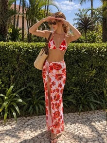 HOTTIE HABIT Women Floral Halter Triangle 3 PiecesSwimsuit, Printed Bikini Top & Bottom Matching Side Split Maxi Beach Skirt, Beachwear For Summer Holiday - Multicolor - View 2