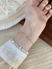 1件女款金色石英手錶，橢圓形金色錶盤配珠飾手鍊錶帶（混合刻度），適合日常佩戴 - 金色 - 查看 5