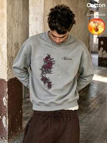 Men's Thermal Lined Crew Neck Sweatshirt With Printed Text Decoration, Y2K Style, Autumn/Winter - Heather Gray - View 11