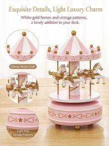 1pc Wooden Music Box With Sky City And Rotating Horse Design, Romantic Birthday Gift And Classic Eight-Tone Home Decor Birthday Gifts Graduation - Star Pink - View 6