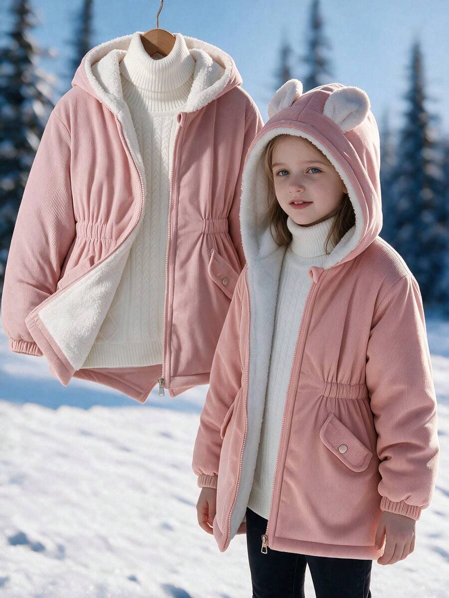 Tween Girls' Casual Corduroy Rabbit Ear Fuzzy Jacket, Autumn/Winter - Pink - View 1