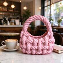Pink Thick Rope Woven 3D Printed Storage Basket, Simulated Thick Yarn Woven Texture, Handbag Shape, Desktop Small Item Storage, Ins Style High-Value Soft Decor Ornament - Pink - View 6