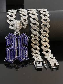 European & American Hip Hop Colorful Full Rhinestone Number 6 Pendant Cuban Chain, Personalized Street Style Rhinestone Men's Necklace, Versatile Accessory - Silver - View 20