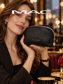 MAC Black Pebbled PU Makeup Bag With Handle Portable Zipper Cosmetic Pouch Large Capacity Travel Toiletry Storage Bag - Black - View 4