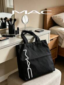 MAC Vertical Logo Canvas Tote Bag, Black Large Capacity Shoulder Handbag With Unique Vertical White MAC Logo Print, Reusable Shopping Tote, Casual Daily Bag For Work School Travel Grocery - Black - View 2