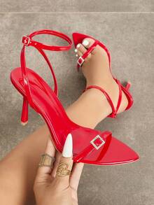 Elegant Sexy Red Open Toe Stiletto Sandals, Cross Back Strap Heels With Rhinestone Square Buckle For Party Banquet - Red - View 1