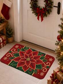 1pc Christmas Poinsettia Pattern Bathroom Mat, Machine Washable Indoor/Outdoor Decorative Carpet, Christmas Theme Velvet Doormat Suitable For Entryway, Bathroom, Door, Living Room And Christmas Home Decor - A - View 10
