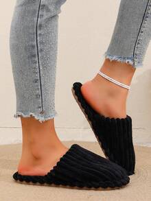1 Pair Unisex Couple Striped Plush Closed-Toe Slippers, Warm Indoor Fuzzy House Shoes For Autumn/Winter - Black - View 7