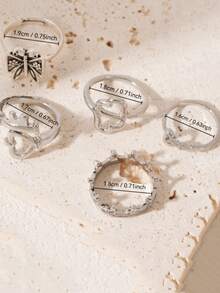 5-Piece Punk Style Ring Set, Unique Fashion Heart Butterfly Crown Stackable Rings, Jewelry For Women, Stylish Accessory Gift - Multicolor - View 5