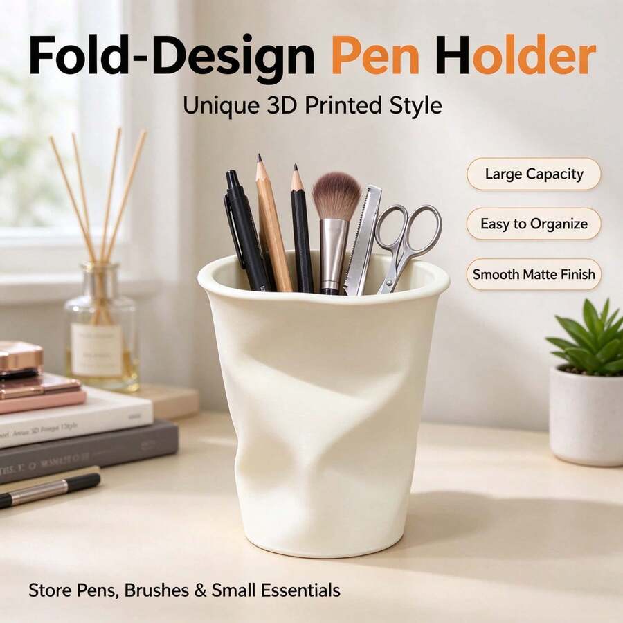 1pc 3D Printed Crumpled Paper Cup Shaped Pen Holder Storage, Fashionable Stationery Organizer, Fun Desktop Decor Gift For Classroom And Office, Creative Student Desk Organizer, Piggy Bank, Home Decor - Multicolor - View 1