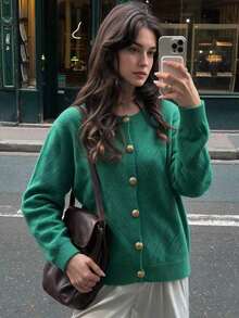 Áo cardigan len dệt kim màu xanh lá tay dài cài cúc cho nữ, phong cách vintage, món đồ mùa đông giữ ấm thiết yếu - màu xanh lá - Xem 1