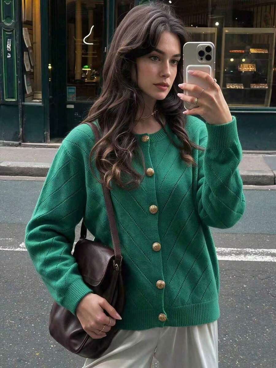 Áo cardigan len dệt kim màu xanh lá tay dài cài cúc cho nữ, phong cách vintage, món đồ mùa đông giữ ấm thiết yếu - màu xanh lá - Xem 1