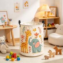 1PC Collapsible Storage Basket With Cute Giraffe And Elephant Print, Multifunctional Organizer For Clothes And Sundries, Home Decor, Room Decor, Bedroom Decor - Multicolor - View 1
