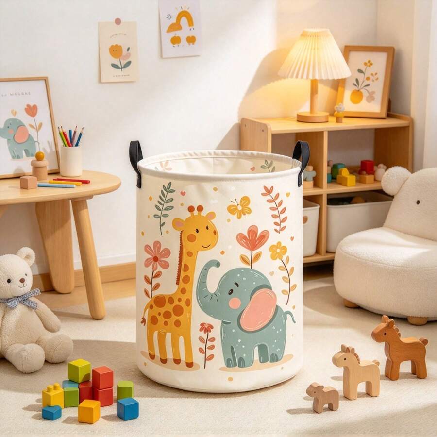 1PC Collapsible Storage Basket With Cute Giraffe And Elephant Print, Multifunctional Organizer For Clothes And Sundries, Home Decor, Room Decor, Bedroom Decor - Multicolor - View 1