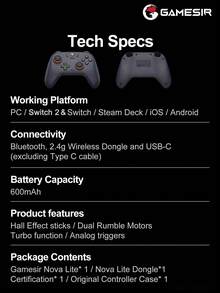GameSir Nova Lite Gamepad For PC Compatible With Switch 2/1 Steam Android IOS Mobile Phone Windows With Original Controller Protective Case Hall Effect Joysticks Wireless Gaming Controle 2 Rumble Vibration Motors Turbo Function - Dark Purple - View 12