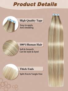 Yilite 18 Inch 10Pcs Bleach Blonde Ash Blonde Highlighted Bleach Blonde P18/613 Tape In Hair Extensions Human Hair Straight Soft Human Hair Tape In Extensions Skin Weft Tape Ins Extensions For Women - S18/613 - View 4