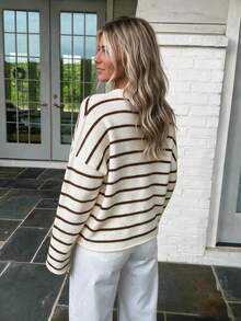 Mori Women's Autumn/Winter Striped Y2K Long Sleeve Button-Up Cardigan Round Neck Knit Sweater, Suitable For Outings, Parties And Vacations - Off-white With Black and Tea-brown - View 5