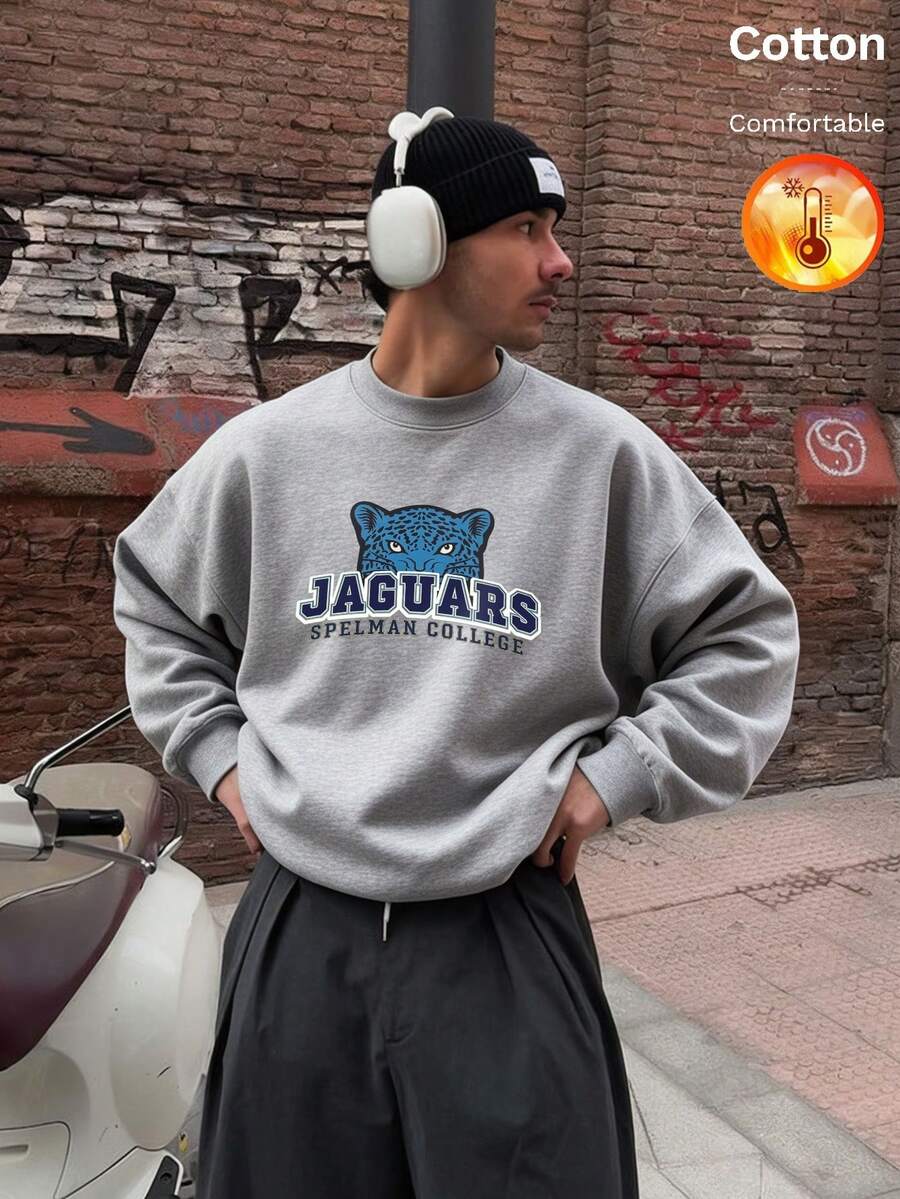 كنزة رجالية من الصوف الناعم بياقة دائرية مطبوع عليها S SPELMAN COLLEGE، بأسلوب Y2K، للخريف/الشتاء - رمادي منقوش - مشاهدة 1