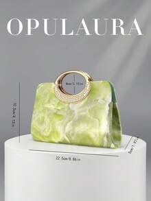 OpulAura 極簡大理石女款手提包，優雅亮面金屬條紋裝飾，附金屬鏈條，適合晚禮服、派對、婚禮、舞會等正式場合 - 綠色 - 查看 6