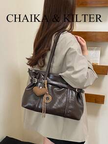 1pc PU Fabric Shoulder Tote Bag With Buckle, Suitable For Commuting, Shopping, Etc. (With Pendant) - Coffee - View 12