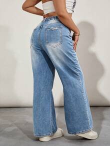 Plus Size Casual Daily Denim Jeans With Pockets And Buttons, Distressed High Waist Design, Suitable For Women's Autumn Fashion, Disco And Party Wear - Blue - View 2