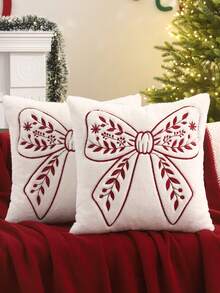 Miater 1pc/2pcs Christmas Decorative Pillow Case, Plush Embroidered Bow, Winter Sofa Living Room Bedroom Home Decor Party Holiday Gift - Red - View 7