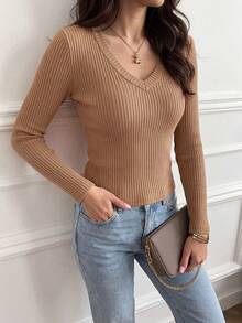 QUNGIGU Women Casual Ribbed Knit Pullover V Neck Long Sleeve Slim Fit Tops Casual Clothes For Daily Commuting Going Out Dating - Khaki - View 7