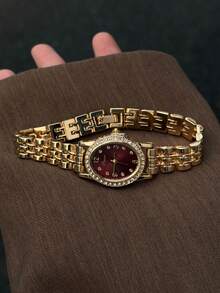 1pc Women's Gold-Tone Quartz Watch With Oval Red Dial Mixed Hour Markers, And Rhinestone Bezel Suitable For Everyday Wear - Gold - View 2