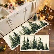 1pc Christmas Series Watercolor Deep Green Cedar And Red Berry Print Faux Cashmere Surface TPR Bottom Doormat, Bathroom Mat, Kitchen Mat, Laundry Room Mat, Holiday Atmosphere Decor, Home Decor, Party Decor, Wedding Decor, Dining Kitchen Decor - Multicolor - View 1