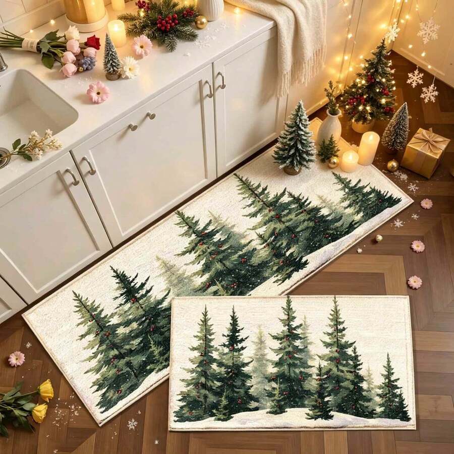 1pc Christmas Series Watercolor Deep Green Cedar And Red Berry Print Faux Cashmere Surface TPR Bottom Doormat, Bathroom Mat, Kitchen Mat, Laundry Room Mat, Holiday Atmosphere Decor, Home Decor, Party Decor, Wedding Decor, Dining Kitchen Decor - Multicolor - View 1