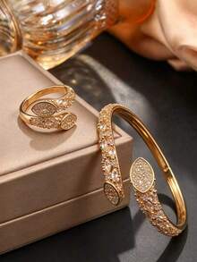 1set Luxury Marquise Copper Zirconia Bracelet & Ring Set,Gold Plated Split Curved Bangle For Daily Commute,Party Birthday Engagement Dating Gift Jewelry - Gold - View 4