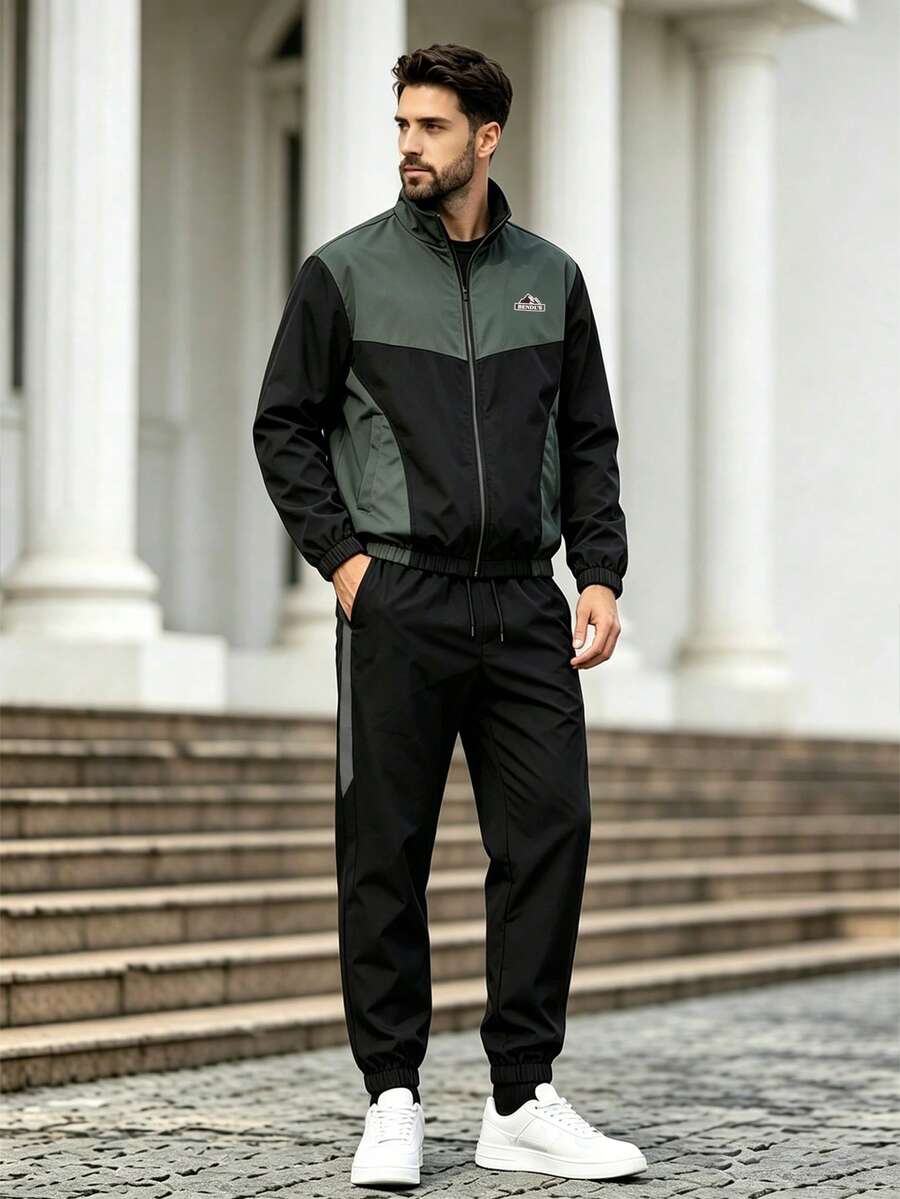 1 Set Men's Spring/Autumn Black & Green Colorblock Sports Outfit, Zipper Stand Collar Jacket + Cuffed Jogger Pants, 2-Piece Casual Jogging Set - Black - View 1