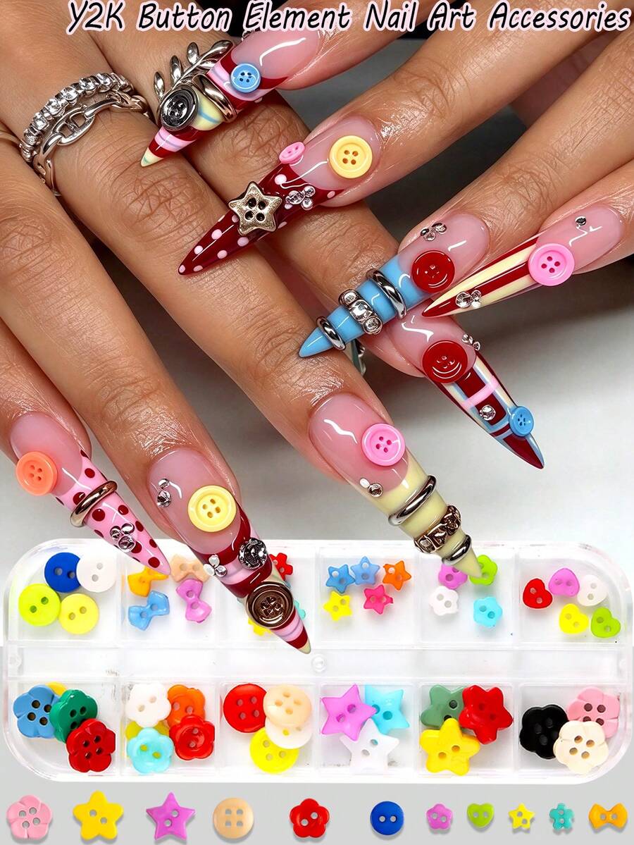 1 Box Y2K Colorful Button Nail Art Decorations, Mixed Button Star & Flower Cute Nail Accessories, Dopamine Nail Art Supplies, DIY Nail Art Suitable For Gel Nails, Press-On Nails, Home & Salon Use - Multicolor - View 1