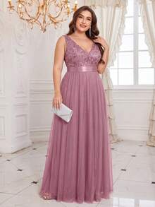 XUCTHHC Plus Size V-Neck Sleeveless Floral Embroidered Sequin Mesh A-Line Bridesmaid Dress, Elegant Party Evening Gown, Suitable For Wedding Guests, Prom, Autumn - Dusty Pink - View 10