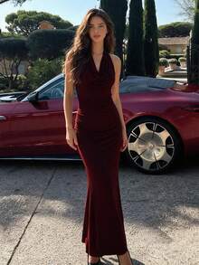 QUNGIGU Women Elegant Halter Cowl Neck Dress Fishtail Ruched Evening Gown For Fall Winter Wedding Guest Going Out Dating - Burgundy - View 8