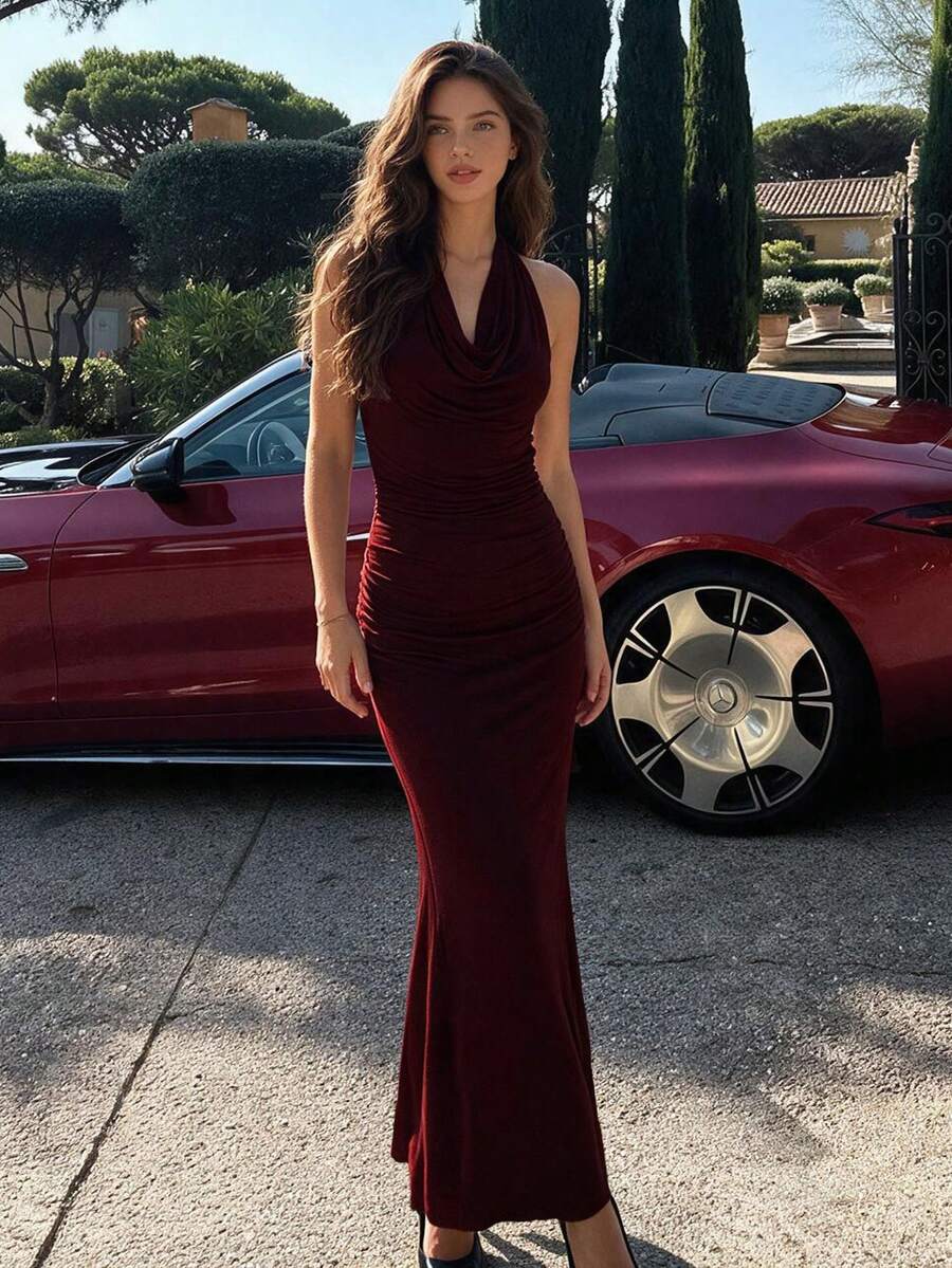 QUNGIGU Women Elegant Halter Cowl Neck Dress Fishtail Ruched Evening Gown For Fall Winter Wedding Guest Going Out Dating - Burgundy - View 1
