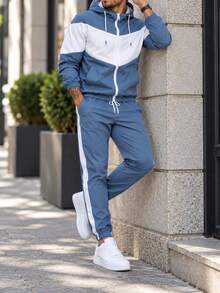 Men's Autumn Colorblock 2 Pieces Sports Set, Hooded Zip-Up Jacket + Side Stripe Jogger Pants, Casual Streetwear Daily Outfit - Blue - View 4
