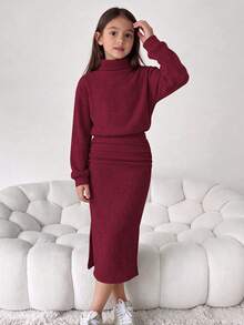 Tween Girl Solid Color High Neck Drop Shoulder Long Sleeve Ruched Casual Dress - Red - View 1