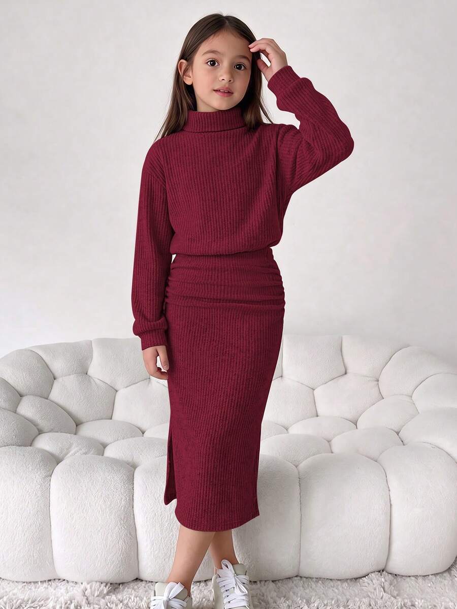 Tween Girl Solid Color High Neck Drop Shoulder Long Sleeve Ruched Casual Dress - Red - View 1