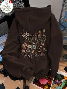 Plus Size Women's Floral Print Casual Autumn/Winter Long Sleeve Pocket Hooded Sweatshirt, Brown Vacation Style - Brown - View 1