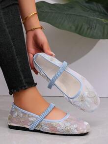 Women's Fashion Flat Mary Jane Shoes, Breathable Hollow Mesh Square Toe Summer Shoes With Floral Embroidery Design, Comfortable For Travel And Vacation, Mother's Day, Shoes For Women Fall, Shoes For Women, حذاء, احذية نسائية - Baby Blue - View 6