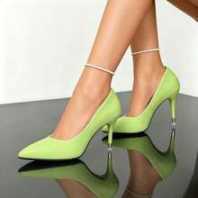 Women's Pointed Toe Stiletto High Heel Pumps, Embossed Glossy Upper With Decorative Toe Strap, Elegant Office Commute Party Formal Dress Shoes - Green - View 8