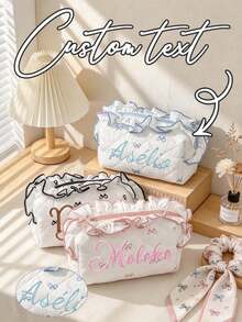 Personalized Custom Text Bow Embroidery Makeup Bag, Ruffled Quilted Cosmetic Pouch, Portable Toiletry Storage Bag, Sweet Gift For Her - Multicolor - View 1