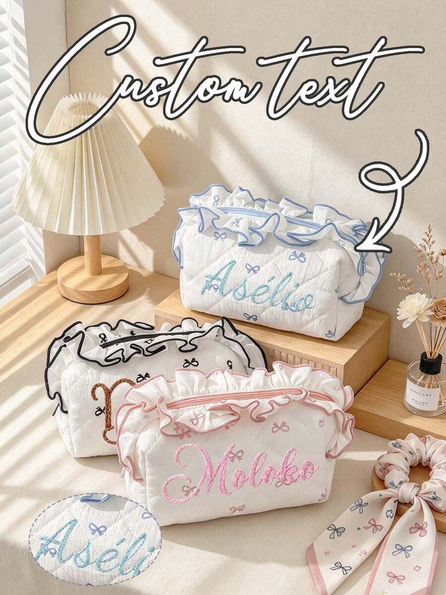 Personalized Custom Text Bow Embroidery Makeup Bag, Ruffled Quilted Cosmetic Pouch, Portable Toiletry Storage Bag, Sweet Gift For Her - Multicolor - View 1