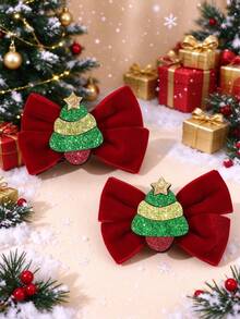 2pcs Christmas Tree Hair Bows For Girls Cute Alligators Clips Fall Winter Festival Party Gift Daily Hair Clips Kids Hair Accessories - Multicolor - View 3